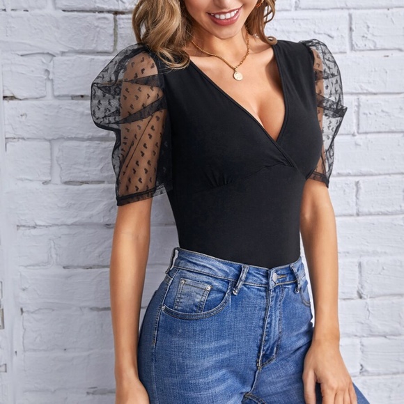 boho BLACK sheer puff sleeve v neck top - Picture 2 of 4
